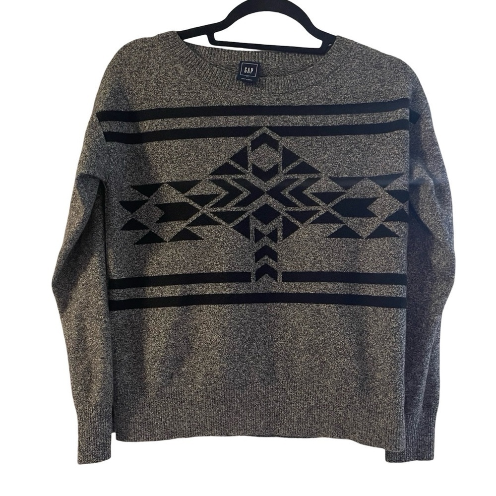 Gap Grey/Black Aztec Print Pullover Sweater Wool Blend Soft Ribbed Size XS